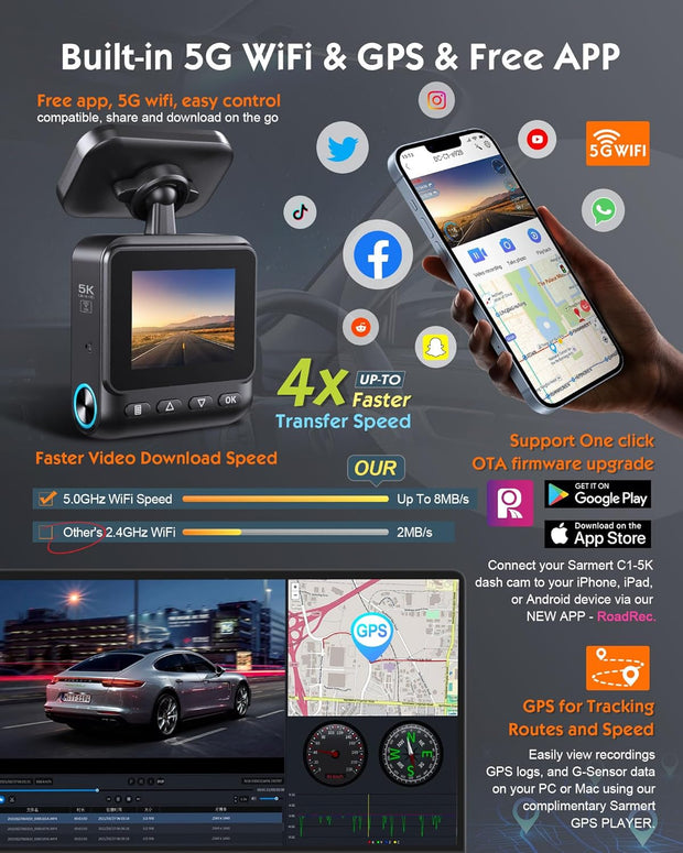 C1 5K Dash Cam - Built-In GPS and 5G Wifi, 5K/4K/2.5K UHD Dashcam with APP, 2" IPS Screen Dash Camera with Super Night Vision, Loop Recording, WDR, 150° Wide, G-Sensor, Supports 512GB Max