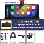 7"/10.26" 4K Dash Cam Wireless Carplay Android Auto Car DVR 360° Rotate Dual Len Rear Camera GPS Navigation Video Recorder