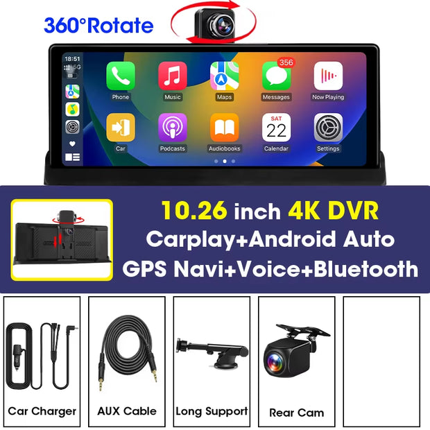 7"/10.26" 4K Dash Cam Wireless Carplay Android Auto Car DVR 360° Rotate Dual Len Rear Camera GPS Navigation Video Recorder