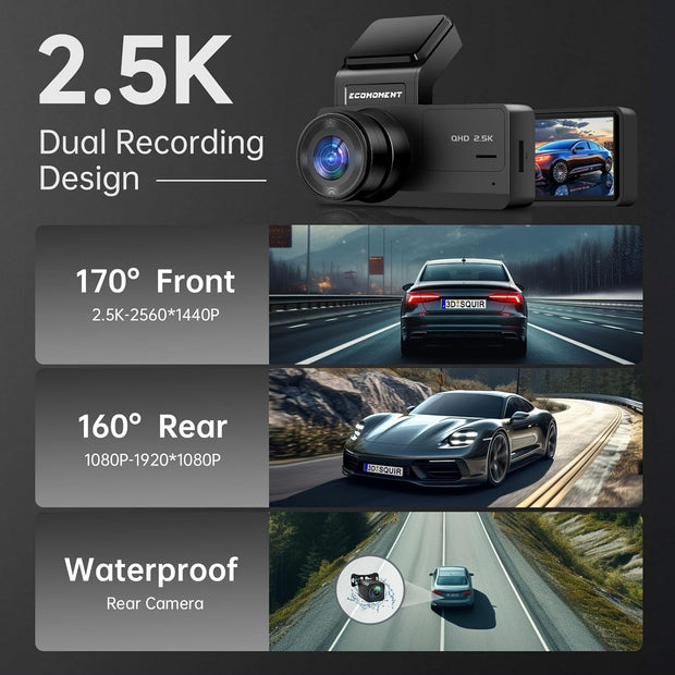 Dash Cam Front and Rear: 2.5K+1080P Dual Dash Camera for Cars,  S70 Car Camer with 3.16" IPS Screen, 170° Wide Angle, Night Vision, G-Sensor, 24H Parking Monitor, 32GB SD Card Included