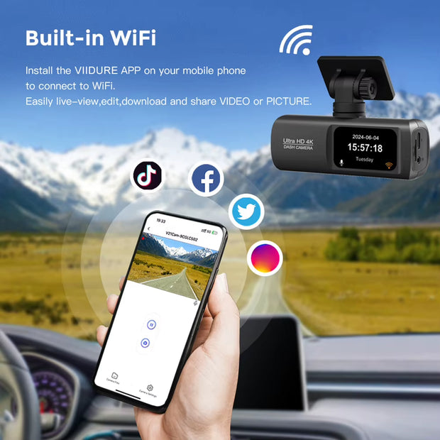 4K Dash Cam Car DVR Built-In Wifi Dual Lens Driving Vehicle Cam 24Hour Parking Monitor 1.47In IPS Screen Support 256GB Max