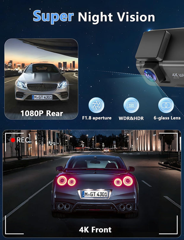 Dash Cam Front and Rear Camera, 4K+1080P Wifi Dual Dash Cam with APP, 3’’ IPS Dash Camera for Cars with Free 64GB Card,  Dashboard Camera with Night Vision, 24/7 Parking Monitor, WDR