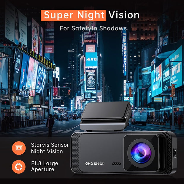 Dash Cam 1296P Front Dashcam, V300 Wifi Dash Camera for Cars with App, Night Vision, Mini Hidden Single Car Camera, Loop Recording, 24H Parking Mode, Support 256GB Max, Black