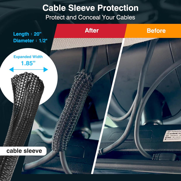 Dash Cam Cable Management Kit – Auto Trim Tool, 10 Clips, 9.8 Ft Reusable Cable Ties, 20" Sleeve, Adhesive Foam Sheets, Premium Cleaning Cloth – Vehicle Wire Organizer