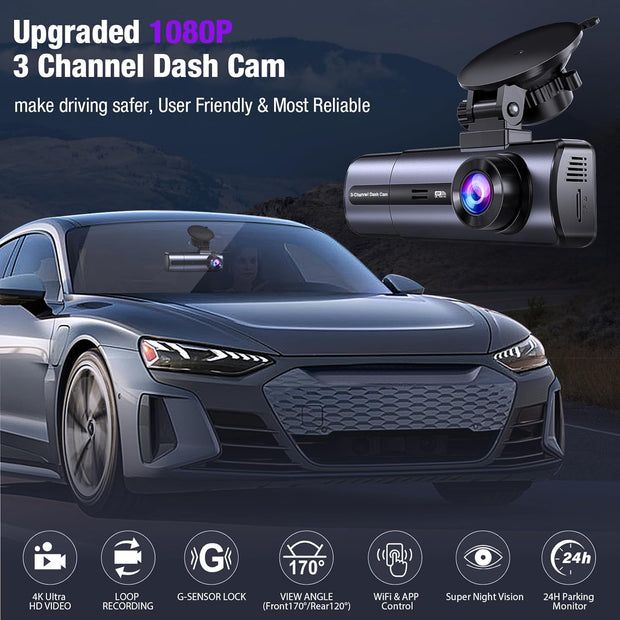 3 Channel 4K Wifi Dash Cam, 4K/2.5K+1080P+1080P Front inside and Rear, Triple Dash Camera with 64GB Card, APP Control, G-Sensor, 24 Hours Parking Mode, Loop Recording, Night Vision