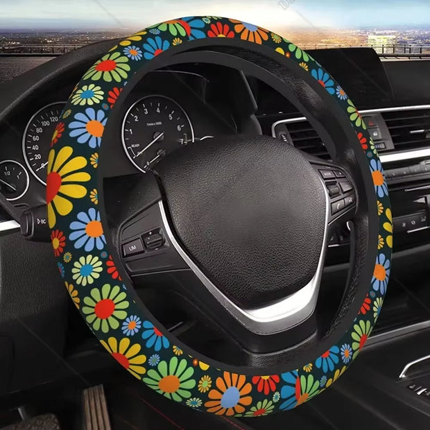Hippie Flower Steering Wheel Cover - Neoprene Elasticity Car Steering Wheel Covers 15 Inch Universal Anti-Slip Breathable