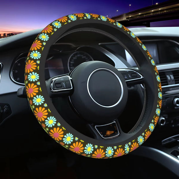 Hippie Flower Steering Wheel Cover - Neoprene Elasticity Car Steering Wheel Covers 15 Inch Universal Anti-Slip Breathable