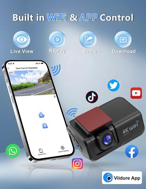 Dash Cam Front and Rear Camera, 4K+1080P Wifi Dual Dash Cam with APP, 3’’ IPS Dash Camera for Cars with Free 64GB Card,  Dashboard Camera with Night Vision, 24/7 Parking Monitor, WDR