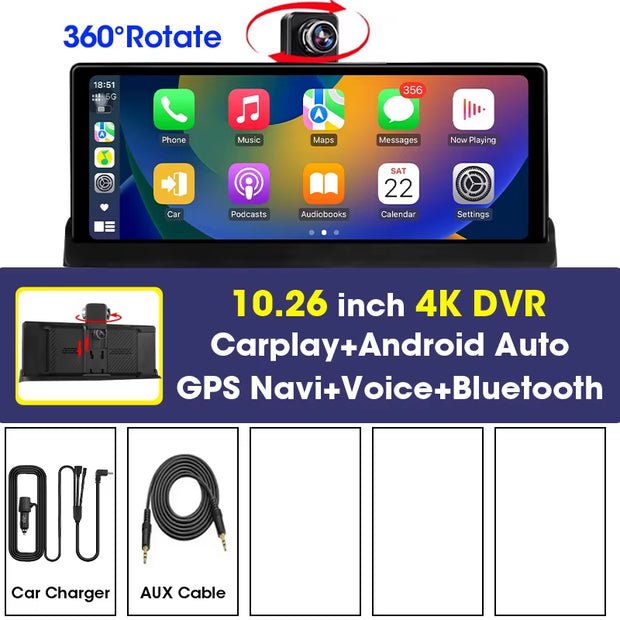 7"/10.26" 4K Dash Cam Wireless Carplay Android Auto Car DVR 360° Rotate Dual Len Rear Camera GPS Navigation Video Recorder