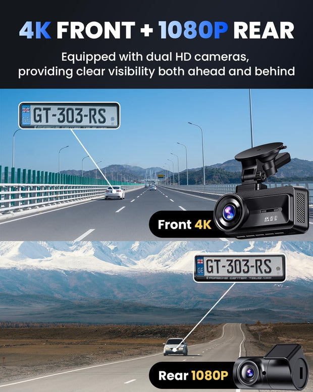 Dash Cam Front and Rear, 4K Full HD Dual Dash Camera for Cars Built-In 5G Wifi GPS, 64GB Card, Car Camera with 3" IPS Screen, UHD 2160P Night Vision, HDR, App Control, 24H Parking Monitor