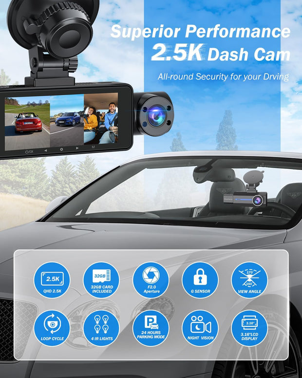 3 Channel 2.5K Dash Cam, 1440P Dash Cam Front and Rear Inside, Dash Camera for Cars, Triple Car Camera with 32GB Card, G-Sensor, 24Hr Parking, 170°Wide Angle, Loop Recording, IR Night Vision, Blue