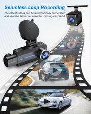 3 Channel 2.5K Dash Cam, 1440P Dash Cam Front and Rear Inside, Dash Camera for Cars, Triple Car Camera with 32GB Card, G-Sensor, 24Hr Parking, 170°Wide Angle, Loop Recording, IR Night Vision, Blue