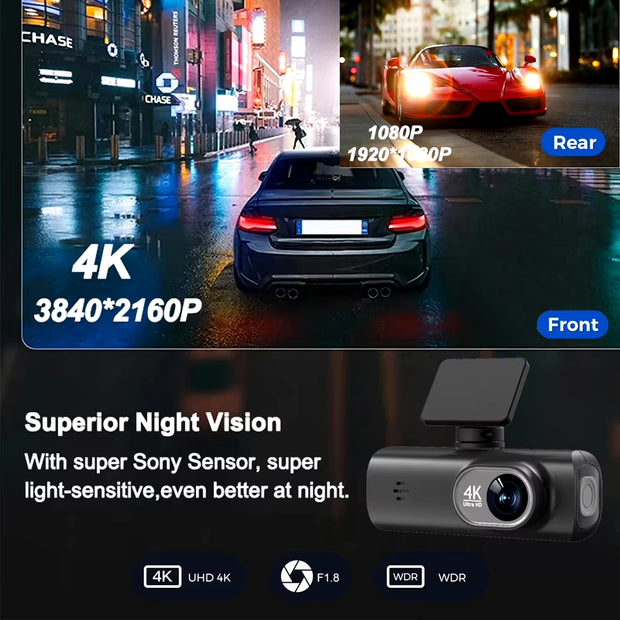 4K Dash Cam Car DVR Built-In Wifi Dual Lens Driving Vehicle Cam 24Hour Parking Monitor 1.47In IPS Screen Support 256GB Max