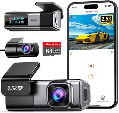 5G Wifi Dash Cam Front and Rear with 64GB Card, Dash Camera for Cars 2.5K/1440P Front and 1080P Rear, Dashcams for Cars Loop Recording, Gravity Sensor, 24Hours Parking Mode, Silver