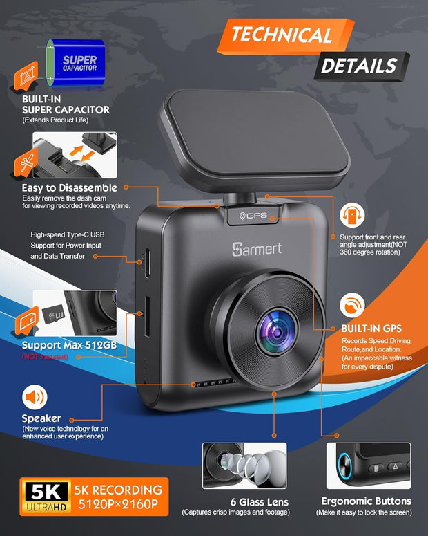 C1 5K Dash Cam - Built-In GPS and 5G Wifi, 5K/4K/2.5K UHD Dashcam with APP, 2" IPS Screen Dash Camera with Super Night Vision, Loop Recording, WDR, 150° Wide, G-Sensor, Supports 512GB Max