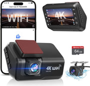 Dash Cam Front and Rear Camera, 4K+1080P Wifi Dual Dash Cam with APP, 3’’ IPS Dash Camera for Cars with Free 64GB Card,  Dashboard Camera with Night Vision, 24/7 Parking Monitor, WDR