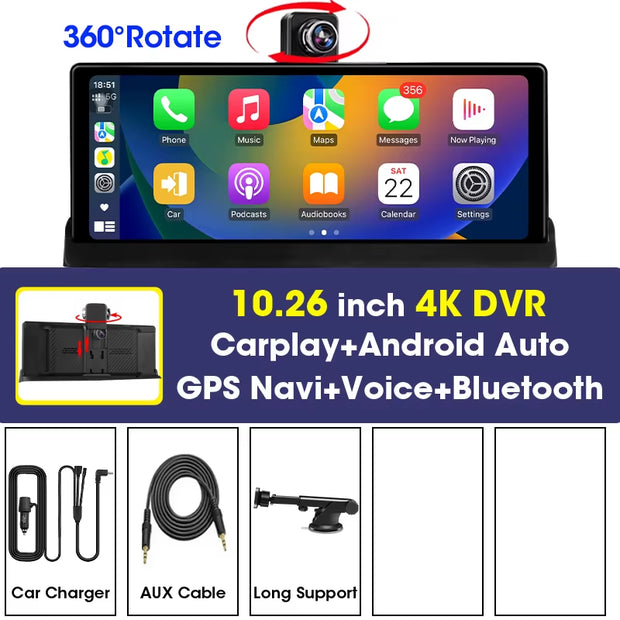 7"/10.26" 4K Dash Cam Wireless Carplay Android Auto Car DVR 360° Rotate Dual Len Rear Camera GPS Navigation Video Recorder