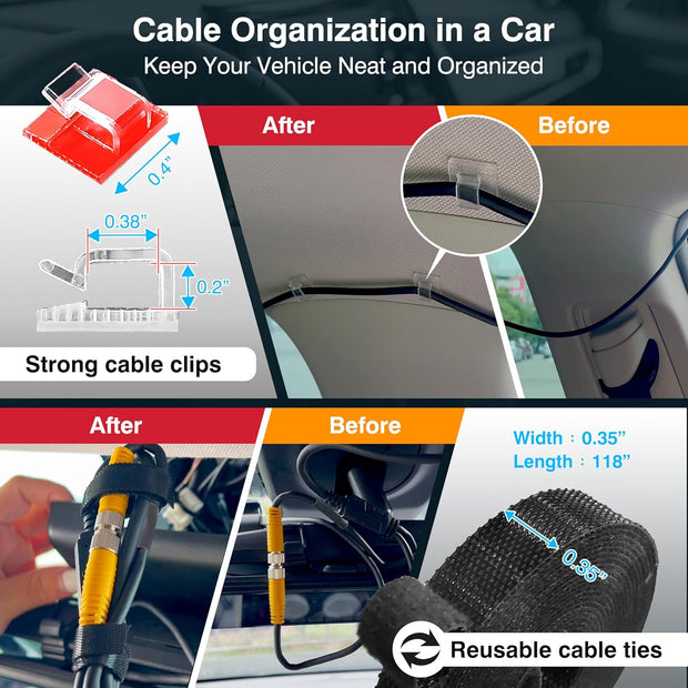 Dash Cam Cable Management Kit – Auto Trim Tool, 10 Clips, 9.8 Ft Reusable Cable Ties, 20" Sleeve, Adhesive Foam Sheets, Premium Cleaning Cloth – Vehicle Wire Organizer