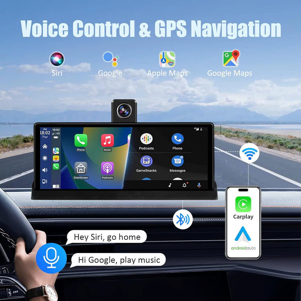 7"/10.26" 4K Dash Cam Wireless Carplay Android Auto Car DVR 360° Rotate Dual Len Rear Camera GPS Navigation Video Recorder