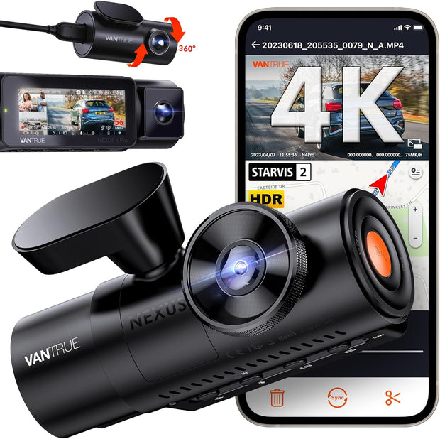 N4 Pro 3 Channel 4K Wifi Dash Cam, STARVIS 2 IMX678 X Platepix™ X HDR Night Vision, 4K+1080P+1080P Front inside and Rear Car Camera, Voice Control, GPS, 24H Parking Mode, Support 512GB Max